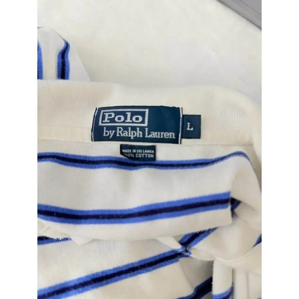 Ralph Lauren Polo Shirt 100% Cotton Large Blue White Stripe Mens Preppy Sports